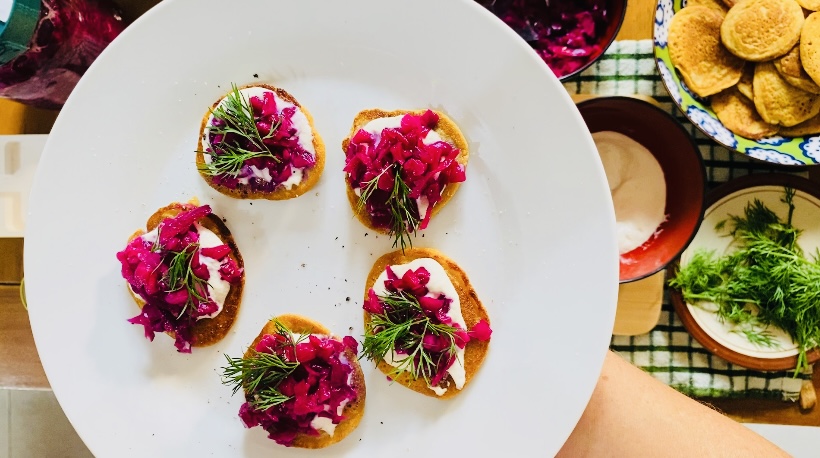 Gluten Free Blinis with Fermented Cashew Sour Cream, Red Sauerkraut & Dill